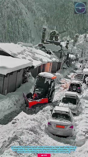 Powerful & Efficient: Snowplow Tractor Clearing Deep Drifts for Winter Village Road Access