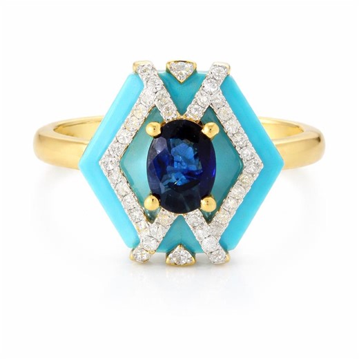 Blue Sapphire and Diamond Ring - Turquoise Agate, 14K Yellow Gold - Etsy