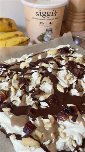 yogurt bark, but make it dairy-free 🌱 siggi's plant-based sweetened plain is deliciously thick and creamy, and contains 11g of protein per serving 🖤 find us at a store near you through the store locator link 👉 https://bit.ly/49QDTDT | siggi's