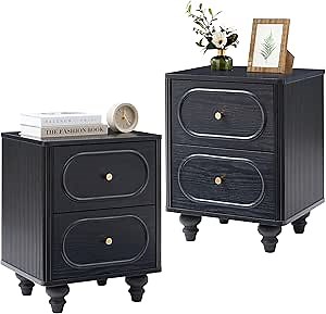 2 Drawer Fluted Mini Small Dresser for Bedroom Set of 2, Mid Century Modern Nightstand Bedside End Table, Wood Storage Dresser Organizer for Bedroom Living Room, Black