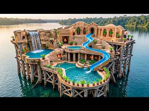 300 Days Building a Multi-Level Tunnel Pools on Ocean Stilts with Spiral Slides Using Primitive Tool