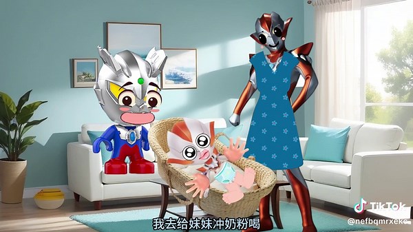7339726886198709540启蒙早教玩具动画：小赛罗奥特曼冲奶粉关心爱护妹妹