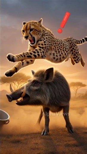 a powerful cheetah attacks a fierce wild boar.the boar defends itself with its sharp tusks#viral