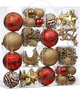 Valery Madelyn Christmas Ornaments Set, 70ct Red and Brown Shatterproof Christmas Tree Decorations, Woodland Hanging Ball Ornaments Bulk for Xmas Holiday Decor