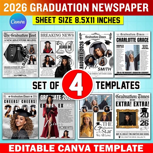 2026 Graduation Newspaper Bundle | Set of 4 Editable Canva Templates | Senior Keepsake Gazette | Custom Class of 2026 Announcement - Etsy