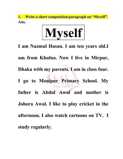 Write a short composition/paragraph on “Myself”. | Mamun's Kids Care