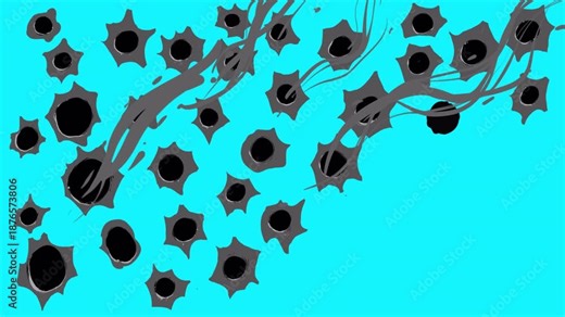 Animation of gunfire hitting a metal surface with flashes and smoke on a blue screen. Cartoon automatic shooting effect in 4K with alpha channel. Bullet sieve impact for action scenes and overlays.