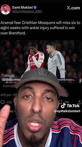 Arsenal fear Cristhian Mosquera will miss six to eight weeks with ankle injury suffered in win over Brentford. I guess Mikel merino can figure out how to play centre back now.