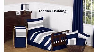 Sweet Jojo Designs Navy Blue, Gray and White Childrens, Teen 3 Piece Full/Queen Boys Stripe Bedding Set Collection