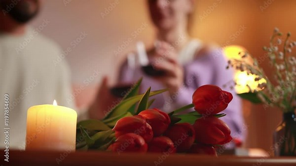 Romantic candlelit dinner featuring loving couple sharing wine, red tulips adorning intimate table setting, capturing warm connection between partners.International women's day
