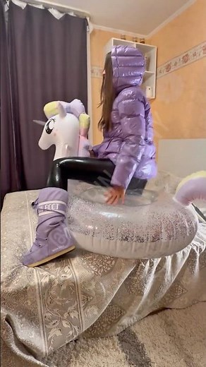 Beautiful sexy shiny nylon Girl in puffy rain jacket latex model moon boots blowing up inflatable 🦄