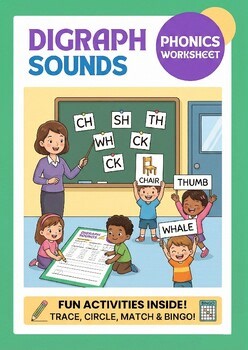 Fun Phonics Digraphs Bundle: Worksheets, Tracing & Class Bingo Game