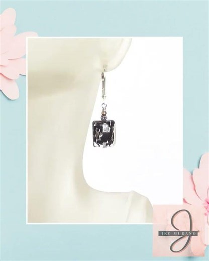 Murano Glass Black Copper Square Silver Earrings, Italian Jewelry
