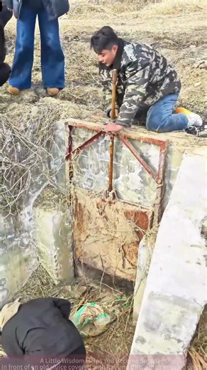 Hardcore operation! A man uses a jack to force open an oldslui, with a crowd watching as theirelease