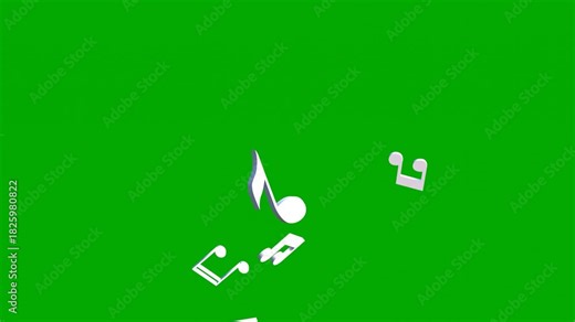 Animated music notes moving across green screen with gentle particle effects. Overlay style elements appear isolated on transparent space as notes fly in multiple directions.