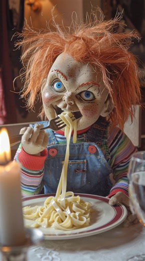 Chucky Doll Delivers Alfredo Pasta Mukbang Fun