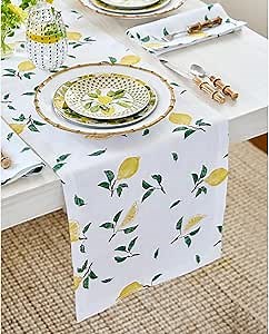 Solino Home Lemon Print Table Runner 120 Inches Long - 100% Pure Linen Table Runner 14 x 120 Inch for Spring, Summer, Mothers Day - Machine Washable - Botanical Lemon/White Print