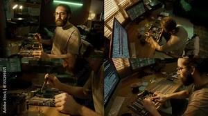 Split screen of bearded man with glasses sitting at desk and carefully modifying computer motherboard, using soldering iron in sunlit room