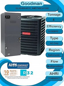 Goodman 4 TON 14 SEER2 Multi-Position R-32 AC Only System with air handler (GLXS4BA4810 condenser and AMST48CU1300 air handler)
