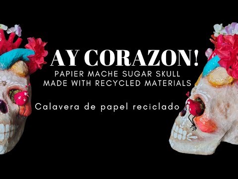Paper mache sugar skull made with recycled materials, cartoneria