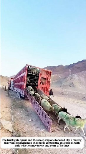 Hundreds of sheep explode from a giant transport truck into the mountains