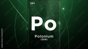 Polonium (Po) symbol chemical element of the periodic table, 3D animation on atom design background