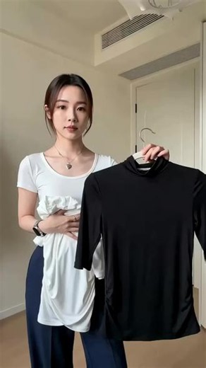 春秋穿这件也太舒服了吧！显瘦又百搭 黑色莫代尔材质，高领中袖设计，春秋季穿既保暖又显瘦，日常搭配牛仔裤、半身裙都好看，洋气又实穿~#ootd穿搭 #显瘦穿搭 #穿搭 #面料柔软舒适 #用韩系基础款穿搭迎接早秋