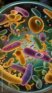 a colorful illustration showcasing a variety of bacteria including rod-shaped and spherical cells