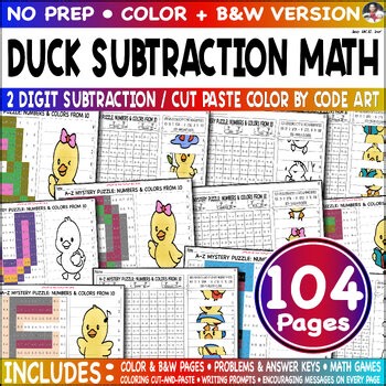 Duck Subtraction 2 Digit Cut and Paste Color by Code Math Mystery Picture Gam