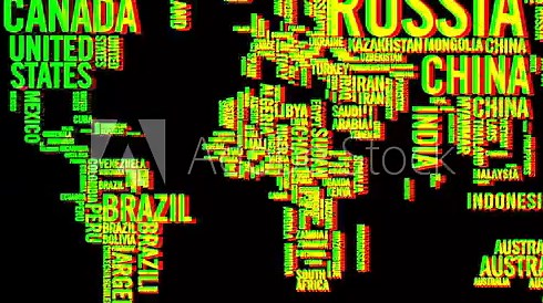 World map country names with distortions and glitch effects