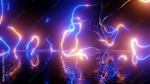 Neon Design of wall pattern of neon blue red lightning. 4K video with various neon elements and a reflecting floor. Looped 3d render. Glowing Neon: 4K colorful geometric shapes and a mirror effect