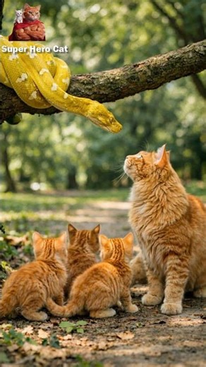 MOTHER CAT spots a tree python and instantly shields her kittens!