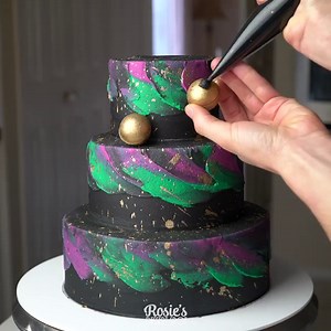 Galaxy cake taken to the next level- 3 levels to be exact. *ba-dum-ch* The colours I think worked very well together, and despite my fears that the black would overpower and show through the coloured buttercream, they actually held their own very nicely. I was also debating whether to add gold sprinkles, as opposed to gold paint over the cake. I decided to stick with the gold paint though, but either would have worked nicely. BUTTERCREAM RECIPE: 400 grams unsalted butter 400 grams vegetable shor