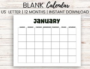 12 Month Printable Blank Calendar| Monthly Calendar Printable | 12 Month Blank Calendar | Blank Calender |printable Calender - Etsy
