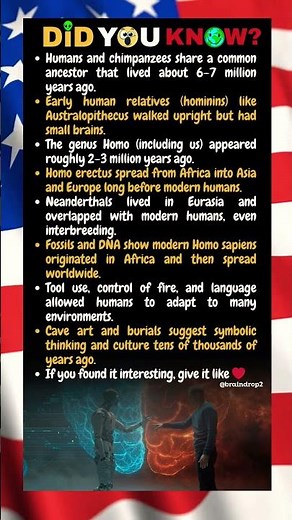 Humans and chimpanzees share a common ancestor that lived about 6–7 million years ago.