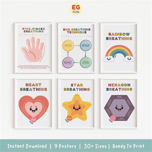 Kids Breathing Posters Set, Printable Calm Down Techniques, Mindfulness Wall Art, ASD Calm Down Corner, ADHD Children Emotion Regulation - Etsy