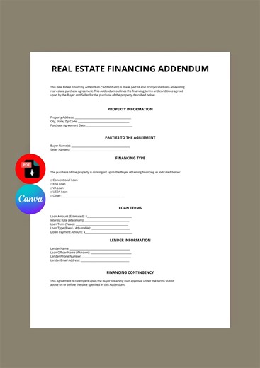 Real Estate Financing Addendum | Home Purchase Loan Terms | Editable US Contract PDF - Etsy