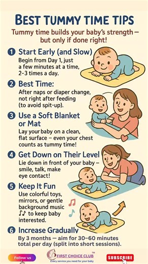 🐣 “Tummy time builds your baby’s strength — but only if done right!” ⸻ 1️⃣ Start Early (and Slow!) Begin from Day 1, just a few minutes at a time, 2–3 times a day. 2️⃣ Best Time: After naps or diaper change, not right after feeding (to avoid spit-up). 3️⃣ Use a Soft Blanket or Mat: Lay your baby on a clean, flat surface — even your chest counts as tummy time! 💕 4️⃣ Get Down on Their Level: Lie down in front of your baby — smile, talk, make eye contact! 👩‍🍼👶 5️⃣ Keep It Fun: Use colorful toy