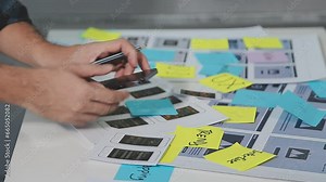 UX graphic designer planning application process development prototype wireframe for web smart phone. Creative digital development agency. in office