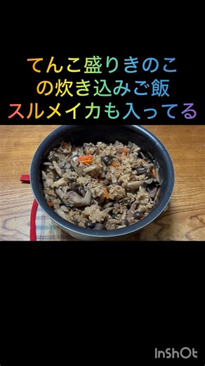 252てんこ盛りきのこの炊き込みご飯〜スルメイカも入ってる〜