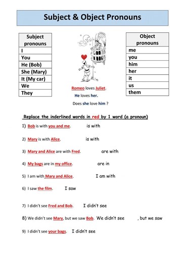Subject and Object Pronouns interactive exercise for Elementary