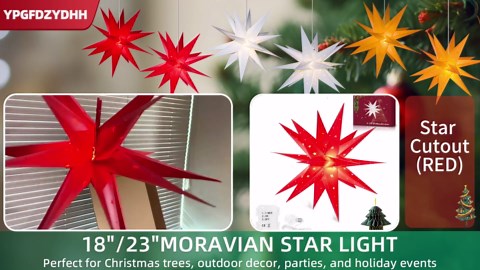 23" Large Moravian Star Outdoor Light, Moravian Star Christmas Tree Topper Lighted Battery Operated, Remote Control Hanging Outdoor/Indoor Tree Topper Light for Courtyard, Porch-White