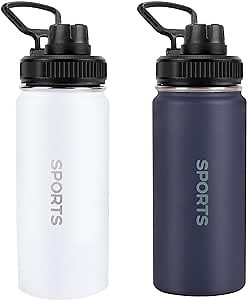 16oz Water Bottle 2 Pack, Sport Drinking Bottles Stainless Steel Leak Proof, Double Walled Vacuum Insulated Tumbler, Metal Gym Travel Mug Togo, Insulated Cup for Men, Women, Kids (White & Blue)
