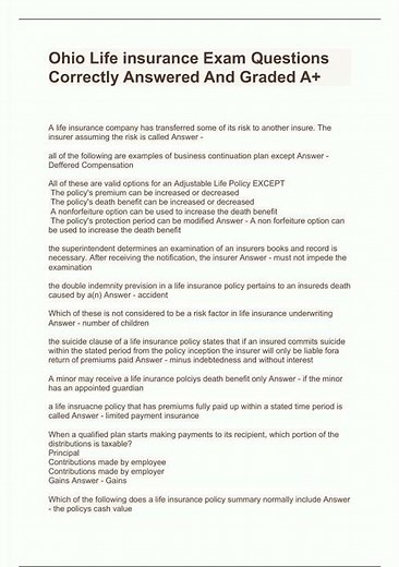 Ohio Life insurance Exam Questions Correctly Answered And Graded A