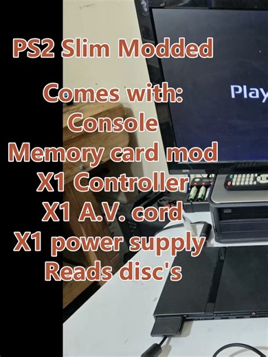 For Sale! PS2 Slim Modded Comes with: Console Memory card mod X1 Controller X1 A.V. cord X1 power supply Reads disc's NOTE: You will need an external USB stick or HDD to run games from it. Note 2: The power pack is not the original, this came with an alternate. Go here on my Youtube channel on how to. https://youtu.be/2GObDseijtc #for #foryou #foryoupagе #gaming #playstation