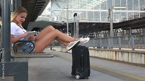 A young beautiful woman writes into a notebook on a train station platform