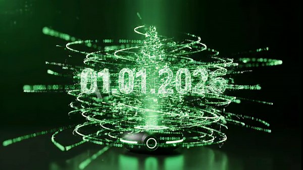 A vibrant digital Christmas tree animates and unveils a glowing New Year 2026 message in a festive holiday display.