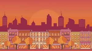 Download looping animation of a stylized city street with buildings and trees against a sunset skyline. It can be used as a dynamic background for a website for free