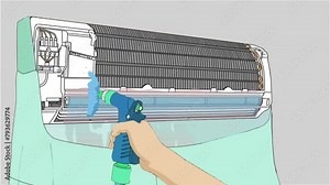 2d animated cartoon a hand that holds the washing water hose and washes the inside of the wall air conditioner to remove germs and dirt. in green screen chroma key. 4K resolution.
