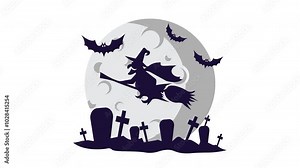 Animation of Witch flying with bats and graves halloween. Seamless looping video with alpha channel on transparent background. Motion graphic animation Spooky Halloween illustration